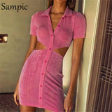 Fashion Women Turn Dow Collar Bodycon Short Sleeve Mini Blouse Dress Summer Party 2021 Cut Out Wrap Club Black