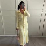 Solid Color Clasp-Buttoned Knitted Long Dress In Autumn