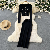 Fragrant High-Sense Metal Buckle Repair Short Long-Sleeved Knitting Top Female High-Waisted Hip Skirt