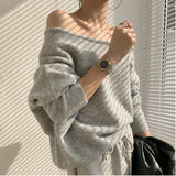 Chic Autumn And Winter French Temperament Word Collar Shoulder Design Loose Leisure Solid Color Long-Sleeved Knitted Sweater