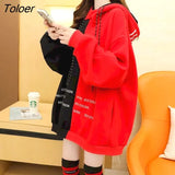 Women Plus Velvet Thick Winter Hooded Jacket Korean Loose Oversized Medium-length Hoodie Color Matching Coat Womens