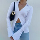 White Ribbed T-Shirts Women Flared Long Sleeve V Neck Button Up Cardigan Summer Harajuku Casual Solid Outfits Basic