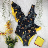 New Print Swimwear Deep V-Neck Ruffle Swimsuit Push Up One Piece Swimsuit Beach Wear Backless
