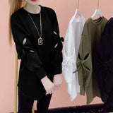 Solid Color Cut Out Sweatshirts Female Clothing Korean Loose Spring Autumn Long Sleeve Casual Bow Round Neck