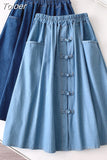Vintage Denim Midi Skirt Women 2023 Spring Summer A Line HIgh Waist Knee Length Jeans Skirt Female with Pocket School 425-1-Outfit