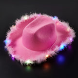 Feather Trim Cowboy Hats with Colorful LED Light Fun Club Party Disco Pink Cowgirl Hat for Women Men-Outfit