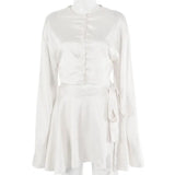 Graduation party gift New Summer White Dress Casual Satin Two-piece Set Ladies O-neck Button Top Bandage Pencil Skirt Costume Fashion Party