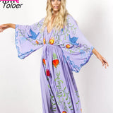 Embroidered Women Maxi Dress V-Neck Batwing Sleeve Loose Oversize Summer Dresses Drawstring Waist Boho Beach