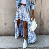 Women Long Skirt Summer Beach Style Floral Printed High Waist Casual Skirt Ins Asymmetrical Bottom Fashion Skirt
