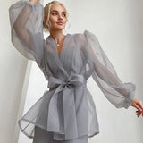Spring Y2K Blouse Summer Sexy Black See Through Mesh Shirt Women Bubble Sleeve Long Sleeve Shirt Clothes Elegant