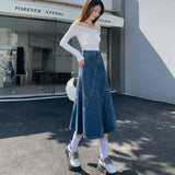Women Denim Trumpet Skirt Streetwear Casual Irregular Patchwork A Line High Waist Ladies Mermaid Jean plaid Skirt