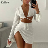 2022 Long Sleeve Sexy Dress Sets Women Mini Skirts And V Neck Crop Top Fashion Street Elegant Dress Suits Club