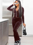 Casual Velvet Zipper Stacked Long Sleeve Top And Pant 2 Piece