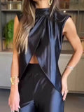 2 Pieces Sets Women Sleeveless Tank Split Hem Top And Wide Leg Pants Women Outfits Silk Pant Sets Matching Sets-Outfit