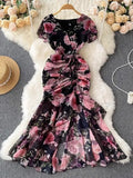 Retro Minority Design Rope Printing V-Collar Jumpsuit Skirt Summer Women's Dress Waist Hip Fishtail Skirt Tide-Outfit