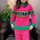 Autumn Winter Letter Spliced Sweaters Stylish Contrasting Colors Casual Turtleneck Straight Knitted Jumpers Female