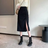 Spring and Autumn New Korean Style High Waist Fold Mid-length Side Slit A-line Skirt Female Black Temperament