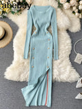 Women Sexy Split Knitting Dress Autumn Winter O Neck Long Sleeve Dress Korean Elasticity Warm Sheath Sweater