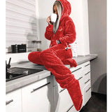 Women Flannel Long Sleeve Jump Suits for Woman Homewear Pajamas Romers Solid Color Ladies Hooded Jumpsuits