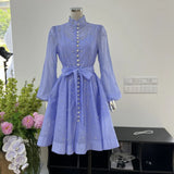 French Niche Collar Heavy Industry Nail Drill Luxury Wind Bubble Long Sleeve Buckle Waist Dress With