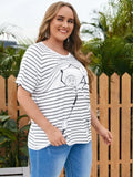 White Casual O-Neck Short Sleeves Striped Print Regular Plus Size