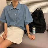 Women Short Sleeve blouses Solid Bf Oversize Loose Turn Down Collar College Simple Womens All-match Harajuku 2020