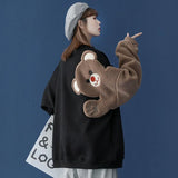 Harajuku Kawaii Hoodies Women Bear Embroidery Fleece Drop-Shoulder Sleeves Sweatshirts Bestie Friends Matching Pullover