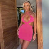 Sexy Cutout Halter Sleeveless Mini Dress for Women Party Club Summer Holiday Solid Bodycon Dresses Outfits