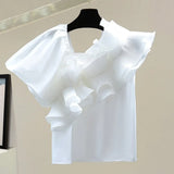 Ruffle Trim T Shirt For Women Irregular Collar Puff Sleeve Solid Loose T Shirts Female Summer Clothing Style