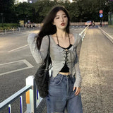 Womens 2Pcs Y2K Long Sleeve Front Cross Tie-Up O-Neck T-Shirts Set with Solid Color Halter Sleeveless Tank Camis Tops-Outfit