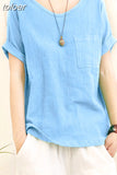 Loose Cotton Linen Blouse M-4XL Women 2023Summer Shirts Casual Short Sleeve O Neck Solid Shirt Lady Basic Tops New