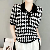 Polo-Neck Button Knitted Blouse Summer Thin Casual All-match Plaid Patchwork Female Clothing Loose Short Sleeve Shirt New-Outfit