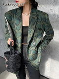 Green Leopard Graphic Female Blazer Notched Long Sleeve Temperament Colorblock Loose Women's Coat 2021 Autumn
