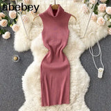 Strap Women Knitted Pencil Dress Turtleneck Sleeveless Elastic Slim Sheath Dresses Summer Korean Streetwear Short