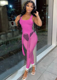Sexy Sleeveless High Waist Solid Mesh Skinny Two Piece Pants