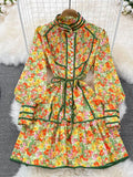 2022 Spring Summer Holiday Beach Short Dress Women Stand Collar Long Lantern Sleeve Chic Floral Print Sashes Party