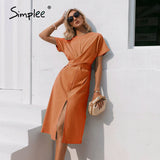 Party Cotton knotted straight women dress Casual O neck chic split dress Elegant green loose short sleeve ladies midi