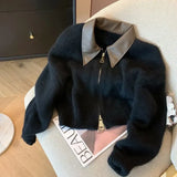 Sleeve Solid Women Turn Down Collar Loose Casual Knitted Coats Zipper Autumn Winter 2023 Regular Splice Sweaters Cardigan-Outfit