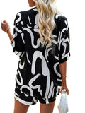 Sets Women Print Two Piece Suit Half Sleeve Shirts Button Lapel T Shirt Drawstring Trousers Ladies Summer Matching Set-Outfit