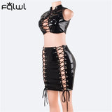 Fall Hollow Out Bandage Black PU Faux Leather Dress Suits Sexy 2 Two Piece Sets Womens Mini Skirts Sleeveless Crop