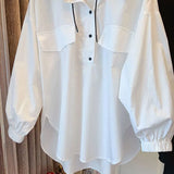 Autumn Stand Collar Blouse Commute Korean Loose Female Clothing Stylish Button Drawstring Basic Casual Long Sleeve