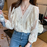 Lace Ruffled Patchwork Blouse Women Spring V-neck Sweet Buttons Solid Ladies Top Long Sleeve Lace Flower Hollow Shirt