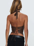 Retro Brown Leather Ring Decoration Hanging Neck Vest Sexy Back Strap Strap Short