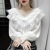 Stylish Lace Ruffle Stitching Blouse Women V Neck Ladies Shirt 2021 Fall Lantern Long Sleeve Korean Vintage Solid Top