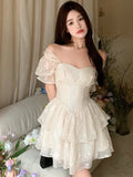 Lace Floral Cute Dress Women Designer Patchwork Chic Mini Dress Female Korean Fashion Fluffy Slim Kawaii Party Dress