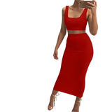 Women Unicolor Tank Top And Maxi Skirt Two Piece Set Sleeveless Summer Square Collar Co-Ord Leisure