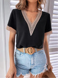 New Women's Dress Lace Lace V-Collar Solid Color Loose Blouse Temperament Commuter Short-Sleeved Shirt-Outfit