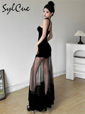 Winter Party Black Mysterious Sexy Mature Beautiful Elegant Graceful Sweet Gentle Women'S Halter Tulle Stitching Dress-Outfit