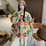 Women Sweaters Cardigan Print Floral Coats Full Sleeve Knitted Loose Jumpers Coat Top Regular Splice Single Breasted Outerwear-Outfit