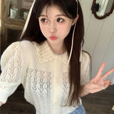 Retro Short-Sleeved Knitted Jersey Jacket Women's Summer 2025 New Korean Version Of Short Bubble Sleeve Hollow
